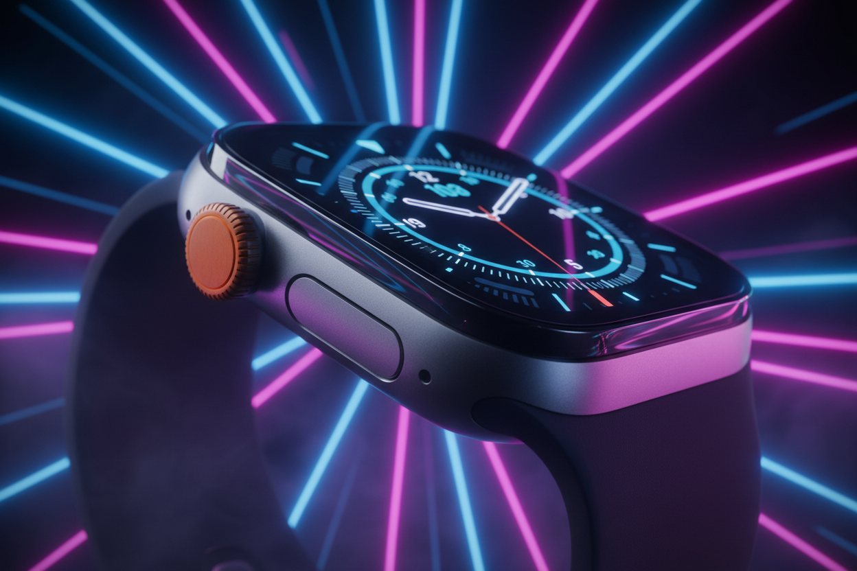 Apple Watch Ultra con fondo neón 