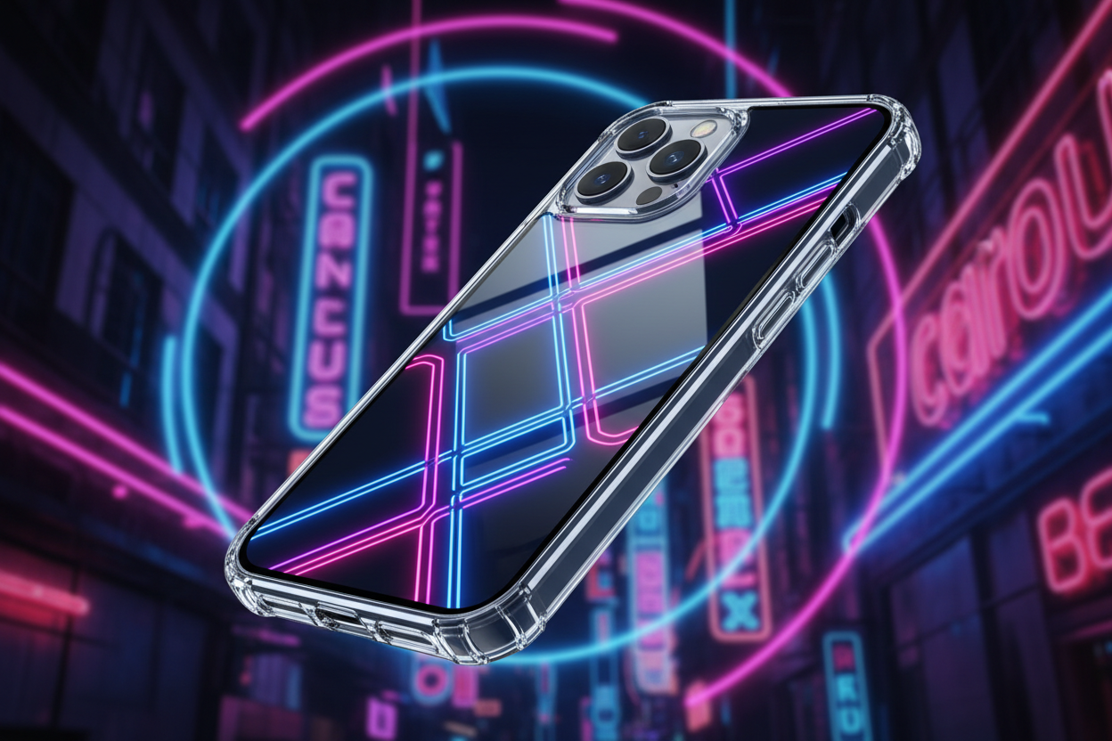 IPhone 17 Pro con funda y luces de neón detrás estilo moderno